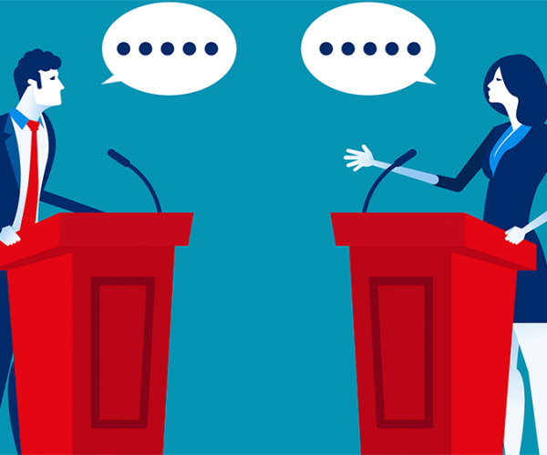 2 people debating at podiums